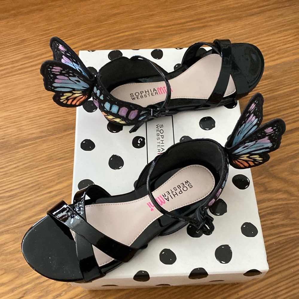 New SOPHIA WEBSTER Girl CHIARA Butterfly Wings Black Patent Sandals Shoes 33 2